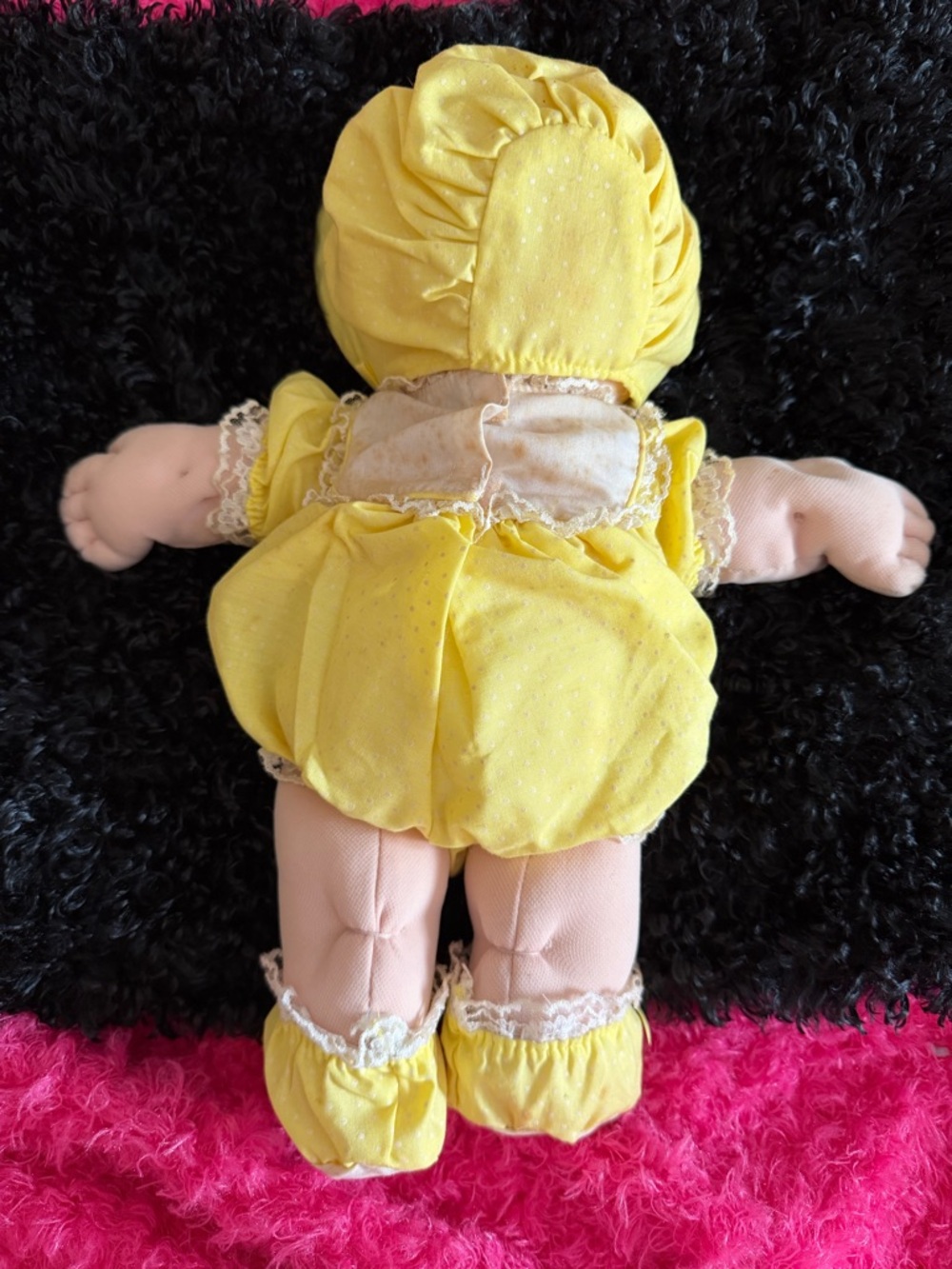 Yellow Vintage-Style Baby Doll with Lace Bonnet - Picture 3 of 4